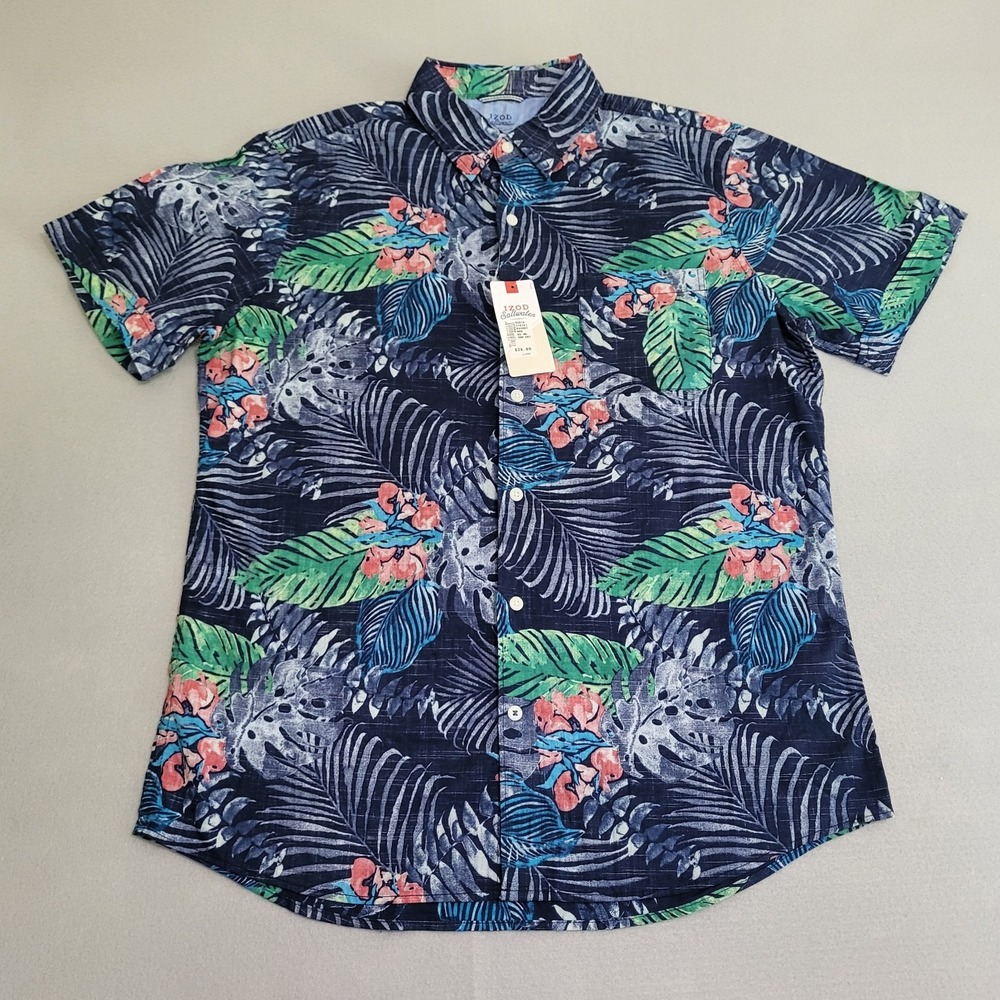 NWT IZOD Saltwater Dockside Chambray Short Sleeve Shirt Tropical Print Men's L